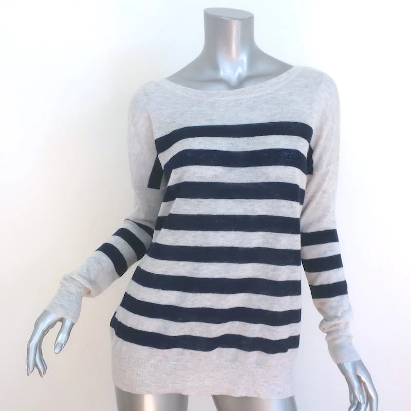 360 Cashmere V-Back Pullover Sweater Light Gray/Navy Striped Size Small NEW Soft Cozy Warm