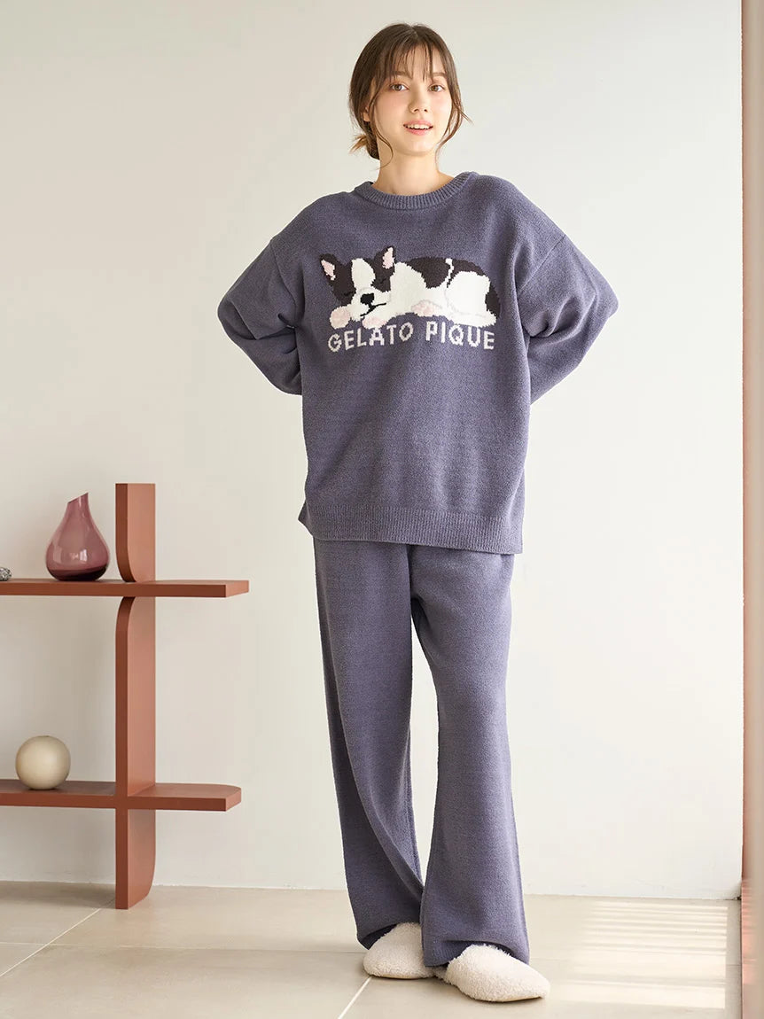 Air Moco SLEEPING DOG Jacquard Pullover Sweater & Lounge Pants SET Collared Crew Neck Turtle Neck