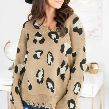 Women Leopard Print  Bat Sleeve Tassel Pullover Sweater Wool Fabric Cashmere Fabric Tweed Fabric