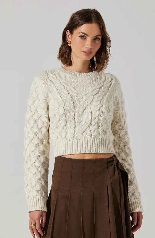 Caila Cable Knit Cropped Sweater Toggled Drawstring Belted