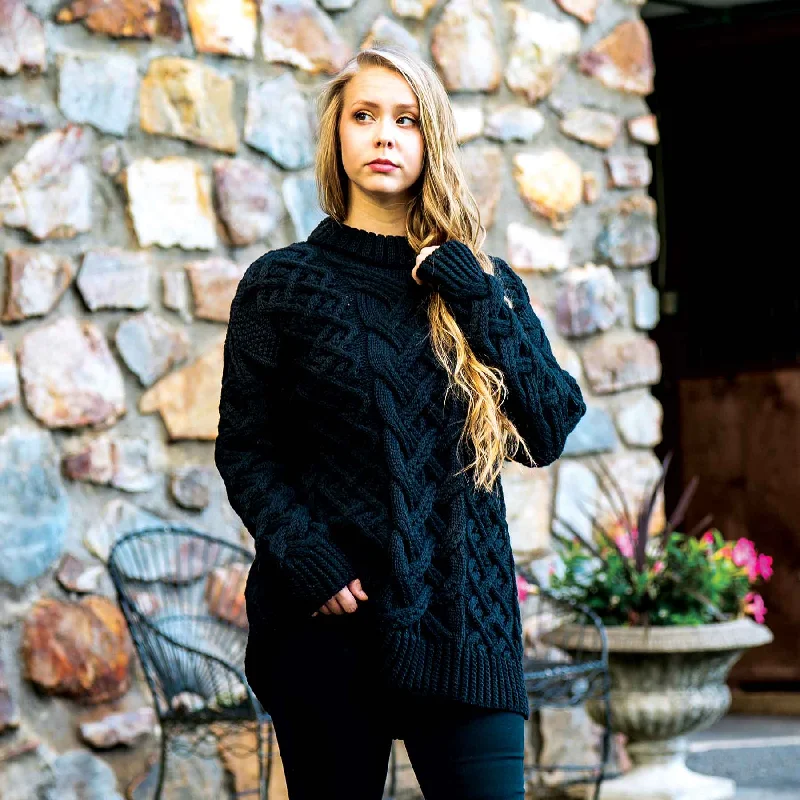 Oversized Aran Knit Sweater- Black Turtle Neck Boat Neck Asymmetrical Neck