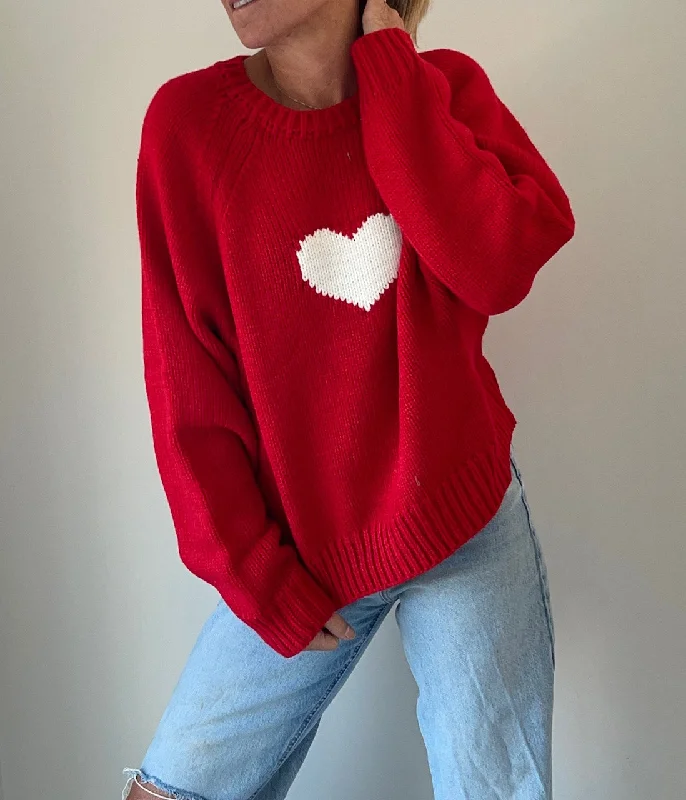 Chunky Acrylic Heart Sweater Ribbed Striped Patterned