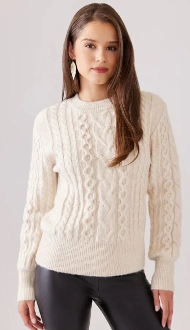 Karen Kane Cable Knit Sweater Creme Toggled Drawstring Belted