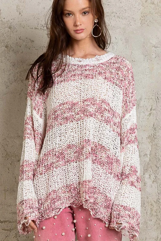 POL Distressed Lightweight Open Knit Sweater - Mauve Multi Zippered Buttoned Snapped