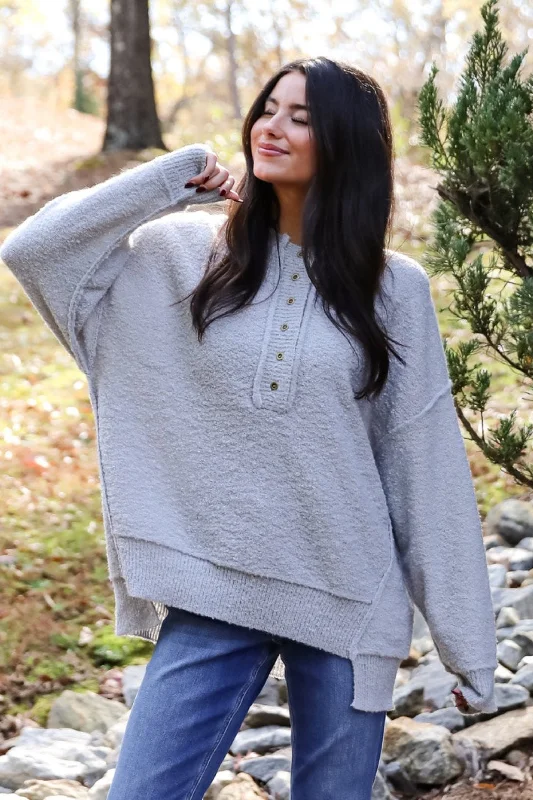 Cuddly Sensation Heather Grey Oversized Sweater Front Pockets Side Pockets Patch Pockets