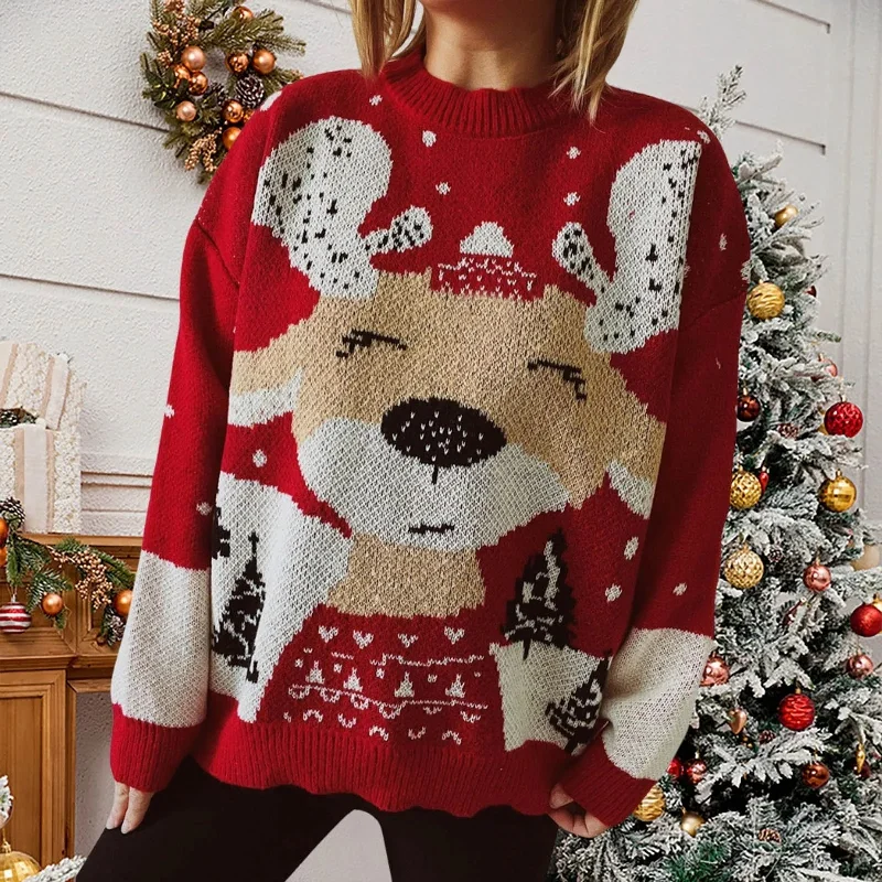 Elk Snowflake Pattern Christmas Sweater - Long Sleeve Loose Knit Toggled Drawstring Belted