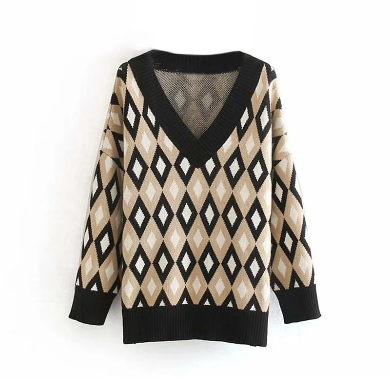 Geometric Print Women Knitted Sweater V Neck Plaid Sweater Polka Dot Checkered