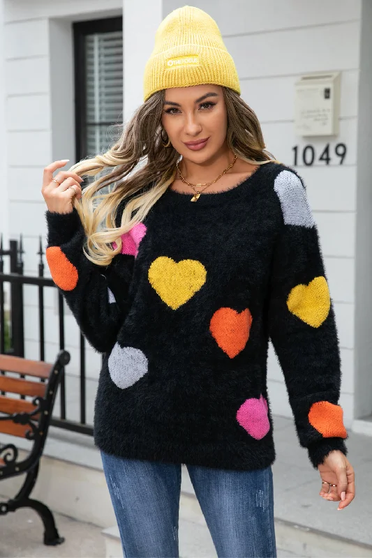 Heart Pattern Round Neck Long Sleeve Sweater Chenille Blend Fleece Blend Nylon Blend