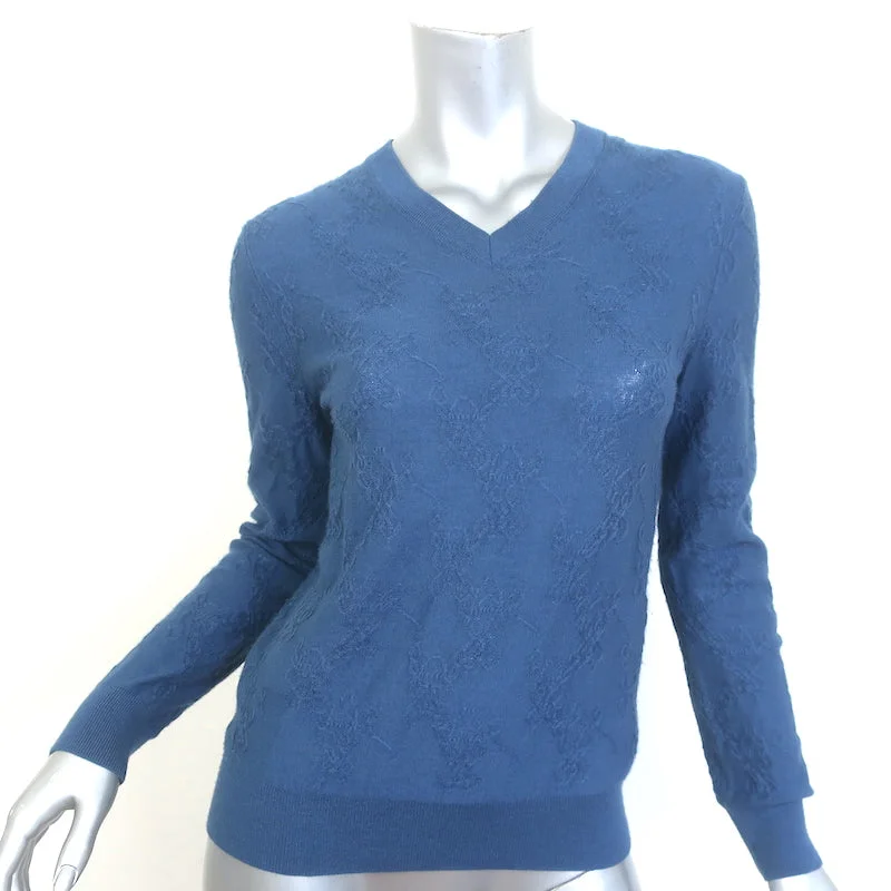 Hermes Embroidered Knit Sweater Blue Size 38 V-Neck Pullover Transparent Opaque Sheer