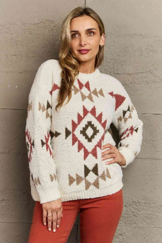 HEYSON Cozy Sunday Aztec Fuzzy Sweater Seamless Knitted Crochet