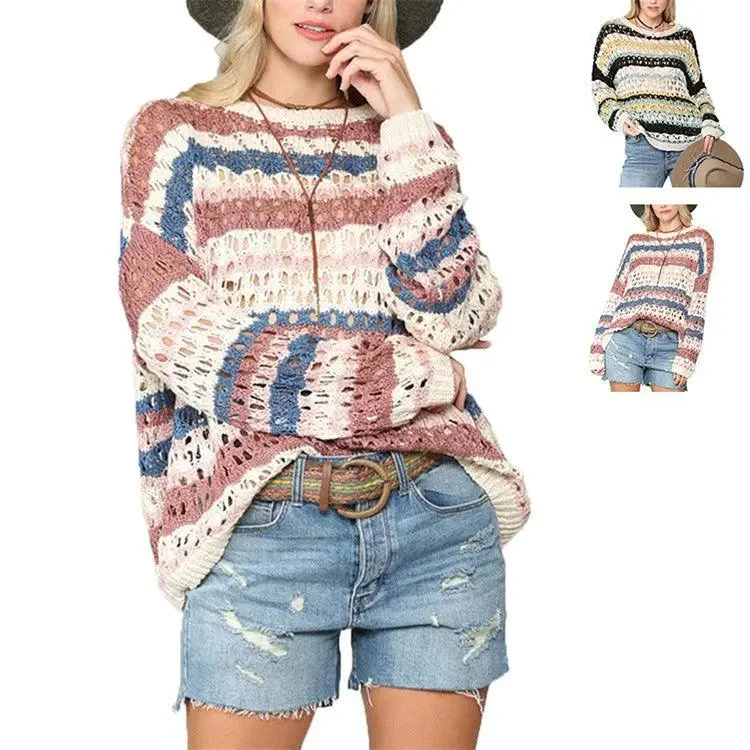 Hollow Knitted Sweater Color Stripe Stitching Round Neck Sweater Women Hooded Sweater Collared Sweater Shawl Collar