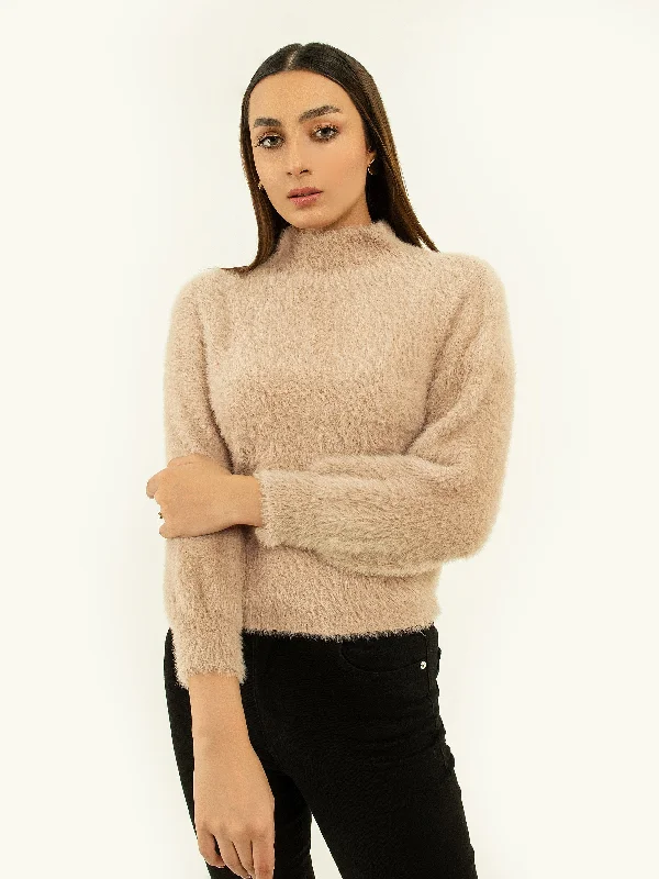 High Neck Fur Sweater Solid Print Embellished