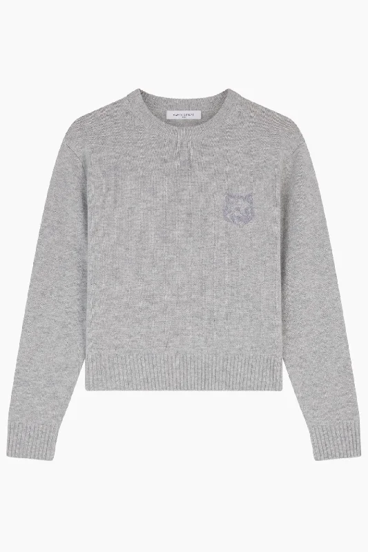 Maison Kitsuné Bold Fox Head Embroidered Cropped Jumper - Light Grey Melange Machine Wash Dry Clean Hand Wash