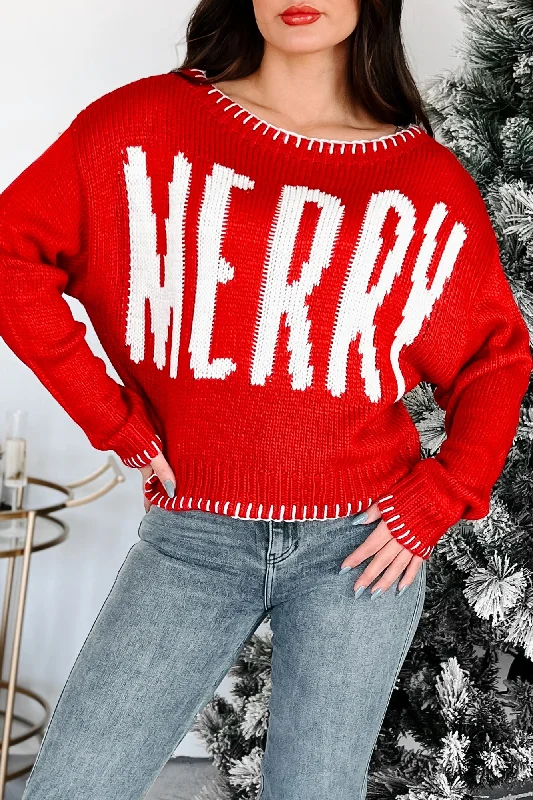 "Merry" As Can Be Holiday Sweater (Red) Satin Blend Silk Blend Wool Blend