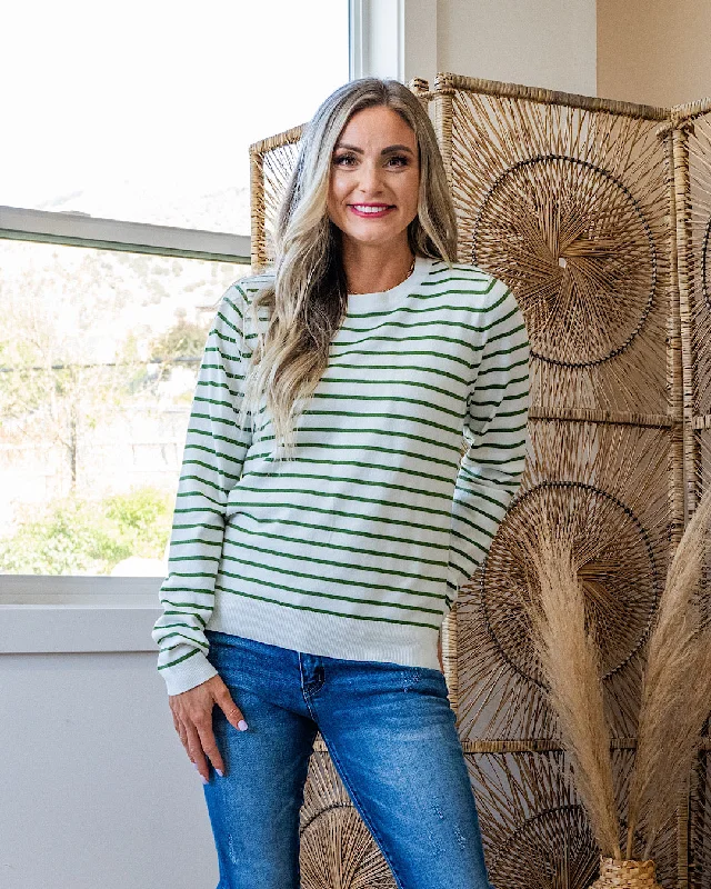 Camila Striped Crewneck Sweater - Green High Neck Crew Neck V-Neck