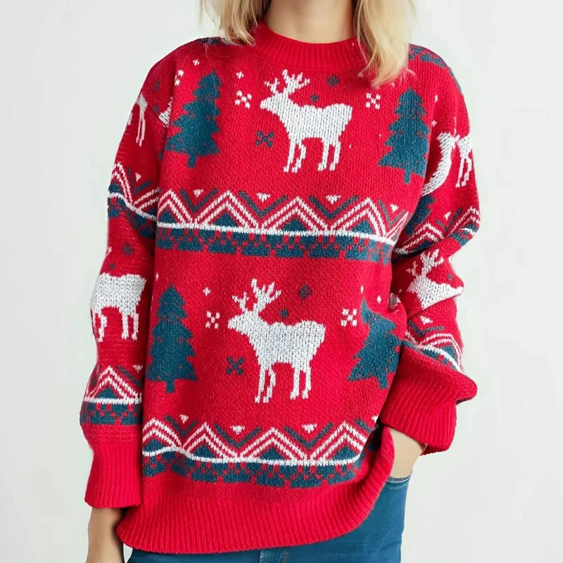 Red Winter Style Knitted Pullover Christmas Sweater Nylon Fabric Polyester Fabric Spandex Fabric