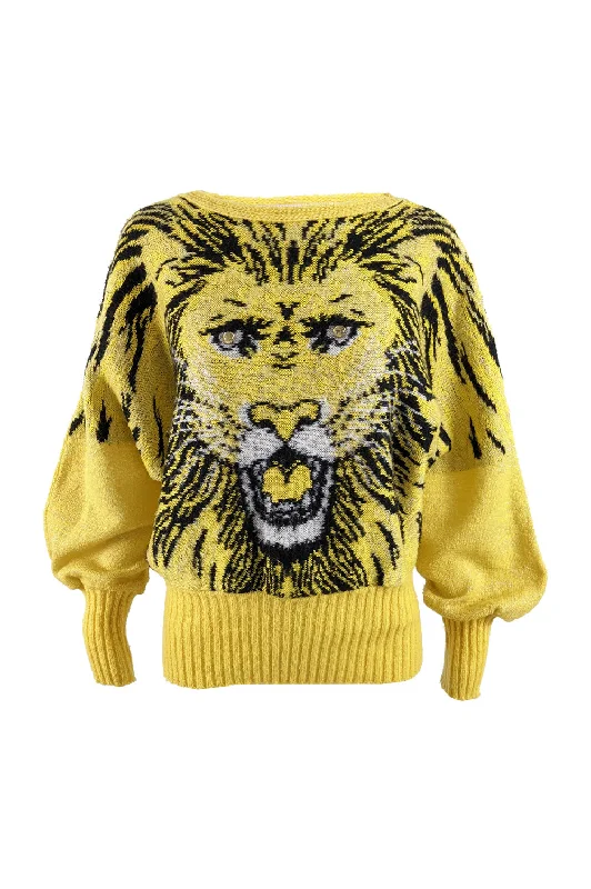 Vintage Yellow Mohair Wool & Acrylic Knit Lion Face Jumper, 1980s Mesh Fabric Canvas Fabric Denim Fabric