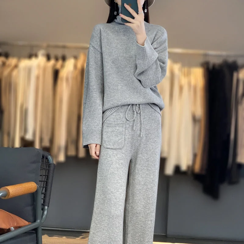 Sweater pants two-piece set women's knitted trousers turtleneck pullover cardigan lazy casual gray wool pants suit Zippered Front Buttoned Front Snap Front