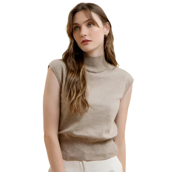 Turtleneck Sweater Knit Shell Top in Mocha Elegant Classic Vintage