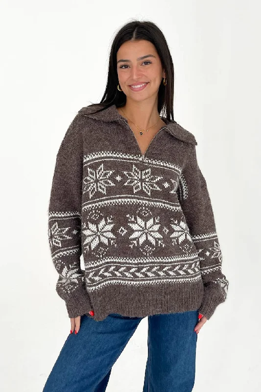 Warm Me Up Sweater in Brown/Ivory Denim Fabric Leather Fabric Suede Fabric