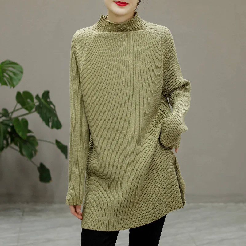 Winter Knitted Solid Stripe Turtleneck Elastic Long Sweater Neon Metallic Matte