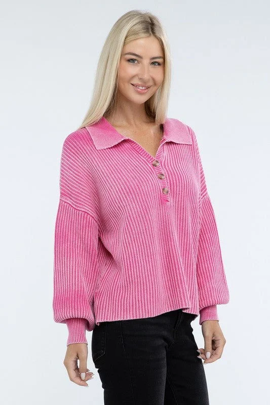 ZENANA Washed Collared Henley Sweater Bright Pastel Dark