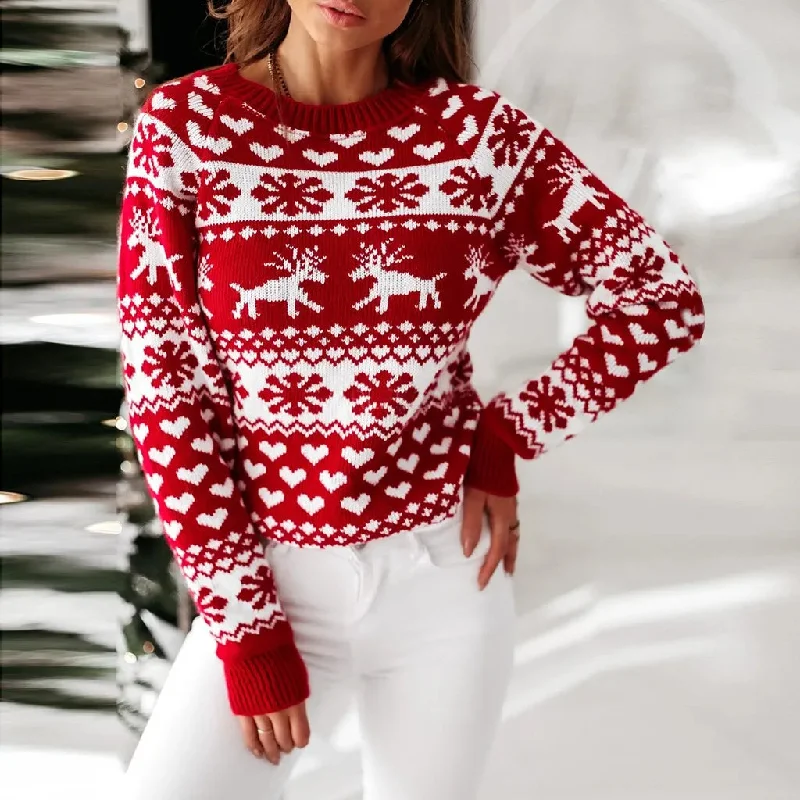 Y2K Moose Print Long Sleeve Christmas Sweater with Thicken Warmth High Neck Crew Neck V-Neck