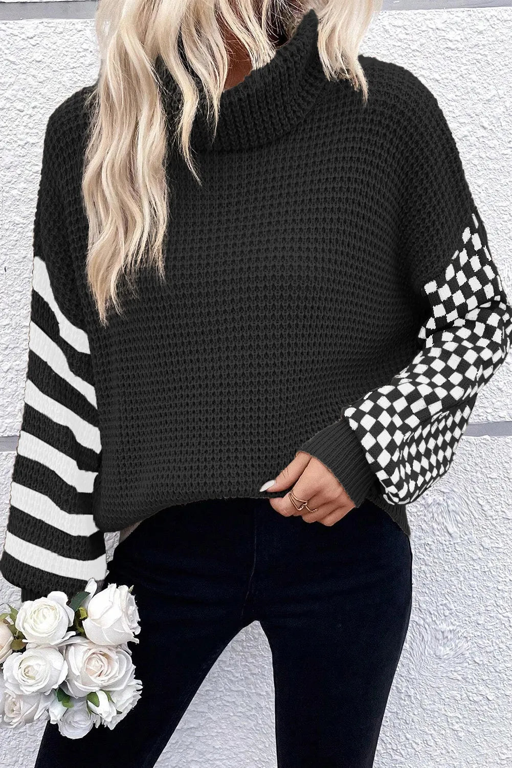 Checkered Striped Turtleneck Long Sleeve Sweater Boxy Sweater Fitted Sweater A-Line