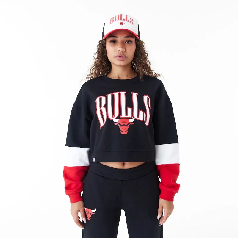 Chicago Bulls Womens NBA Colour Block Black Crop Crew Neck Sweatshirt Hoodie with Velcro Closure Adjustable Secure