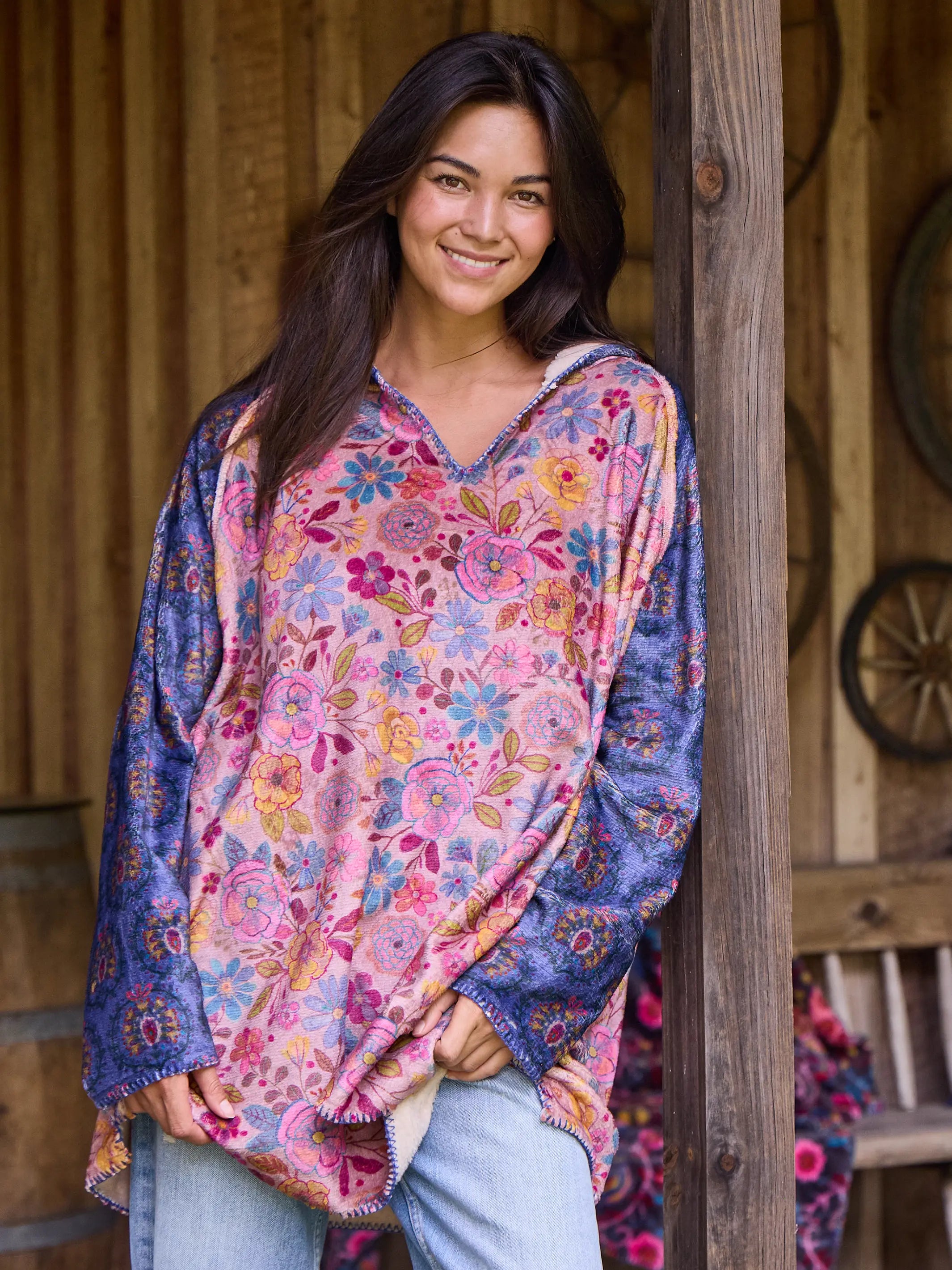 Cozy Blanket Hoodie - Light Pink Navy Medallion Hoodie with Double Zipper Versatile Adjustable