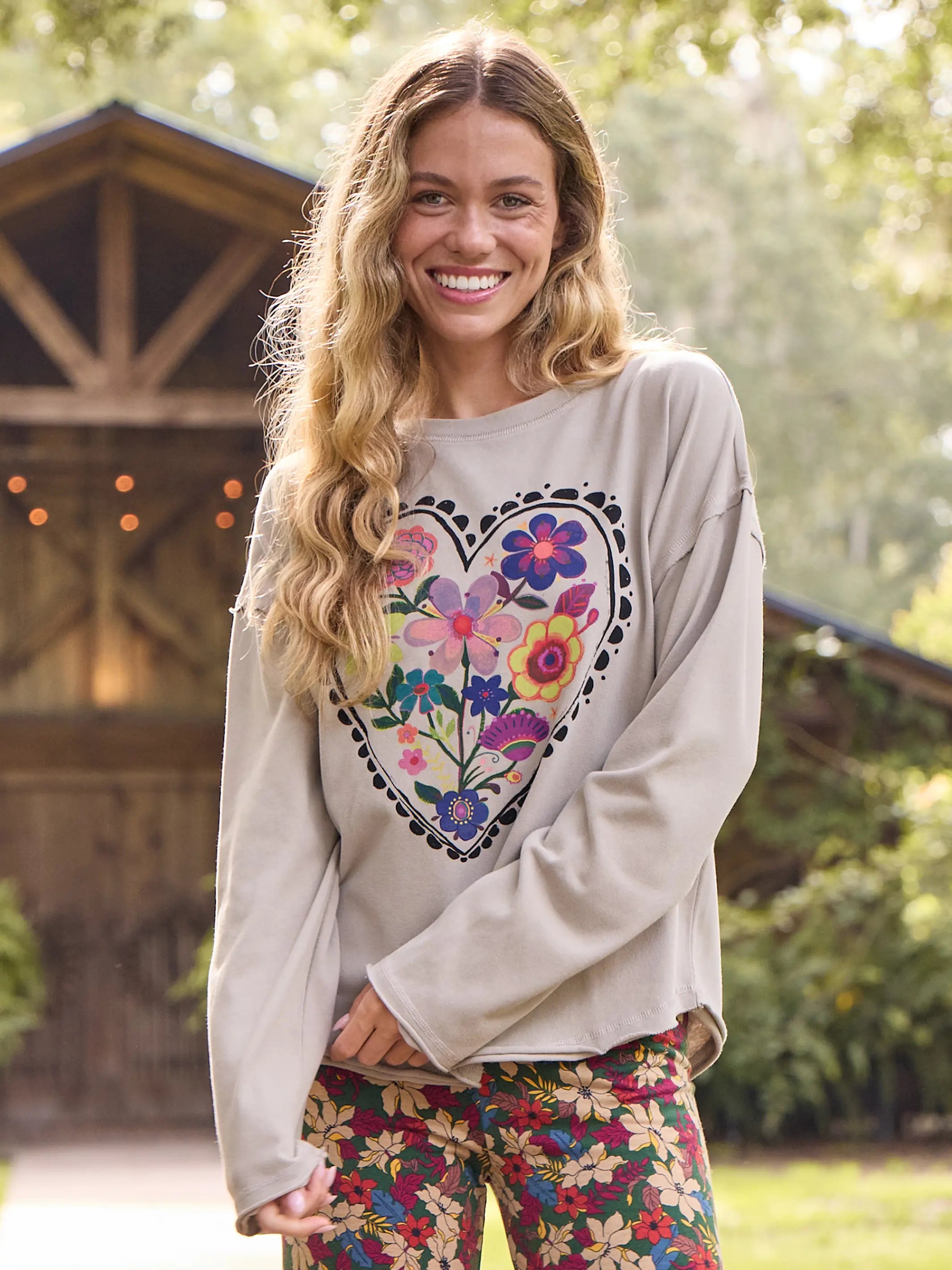 Oversized Maia Sweatshirt Top - Floral Heart Hoodie with Ribbed Neckline Snug Warm