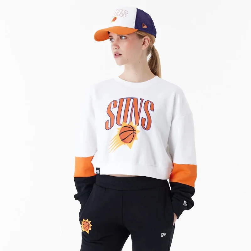 Phoenix Suns Womens NBA Colour Block White Crop Crew Neck Sweatshirt Hoodie with Elastic Cuffs Stretchable Comfortable