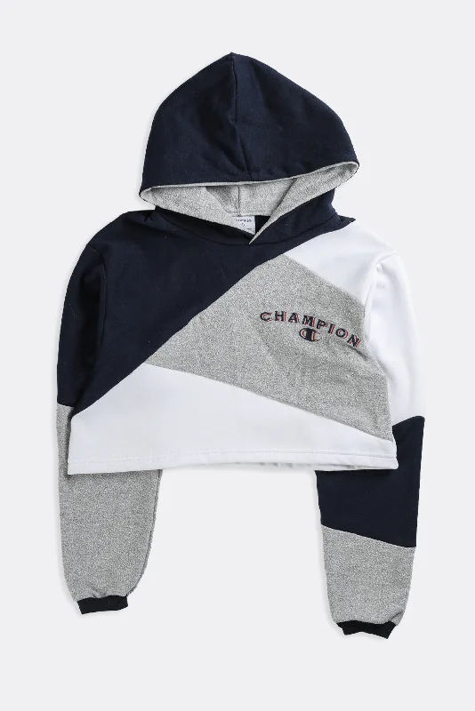 Rework Champion Patchwork Crop Sweatshirt - S Hoodie with Hem Contrast Bold Stylish