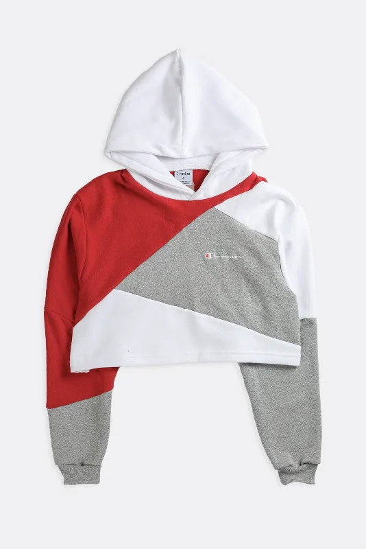 Rework Champion Patchwork Crop Sweatshirt - S Hoodie with Hem Embroidery Detailed Premium