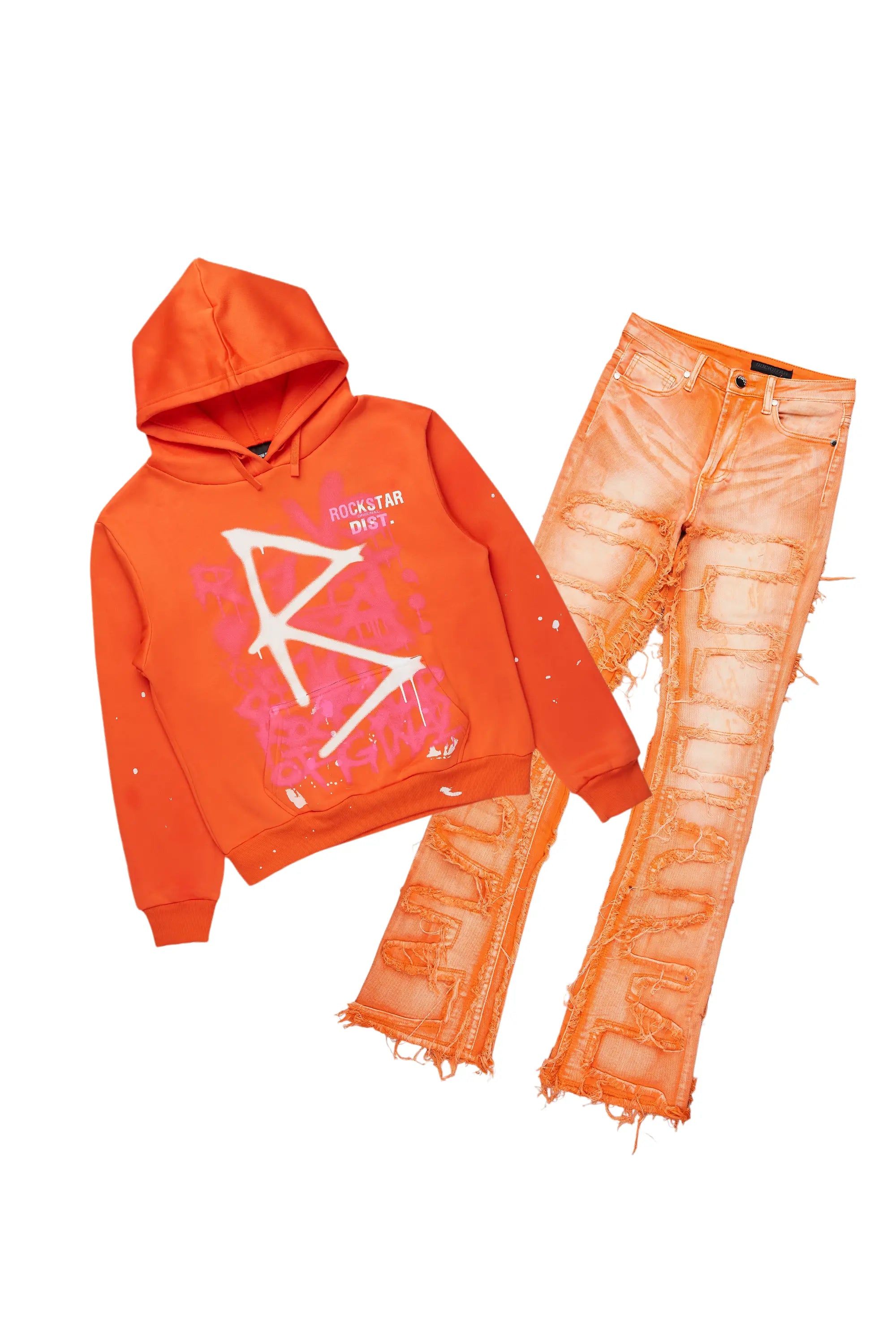 Rachael Orange Hoodie/Stacked Flare Jean Set Hoodie with Neon Bright Vibrant