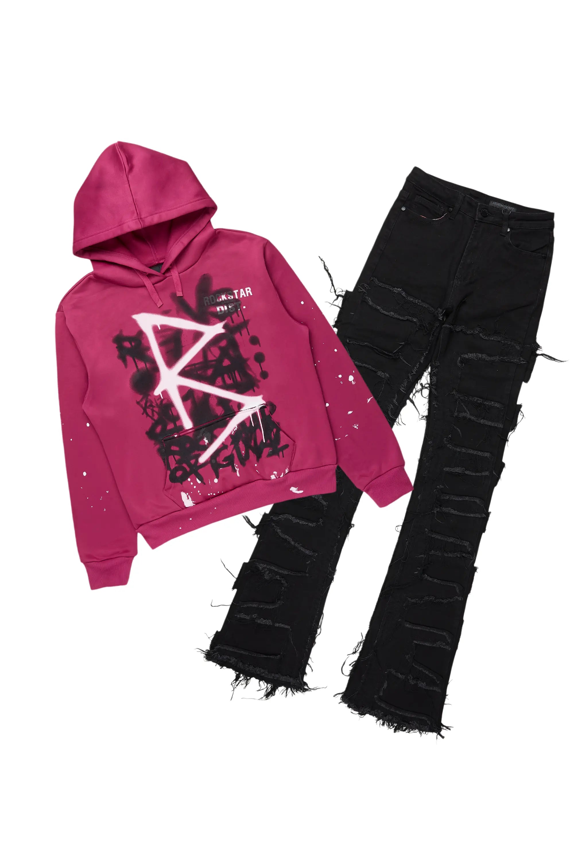 Maisha Black/Fuchsia Hoodie/Super Stacked Jean Set Hoodie Dress Longline Feminine