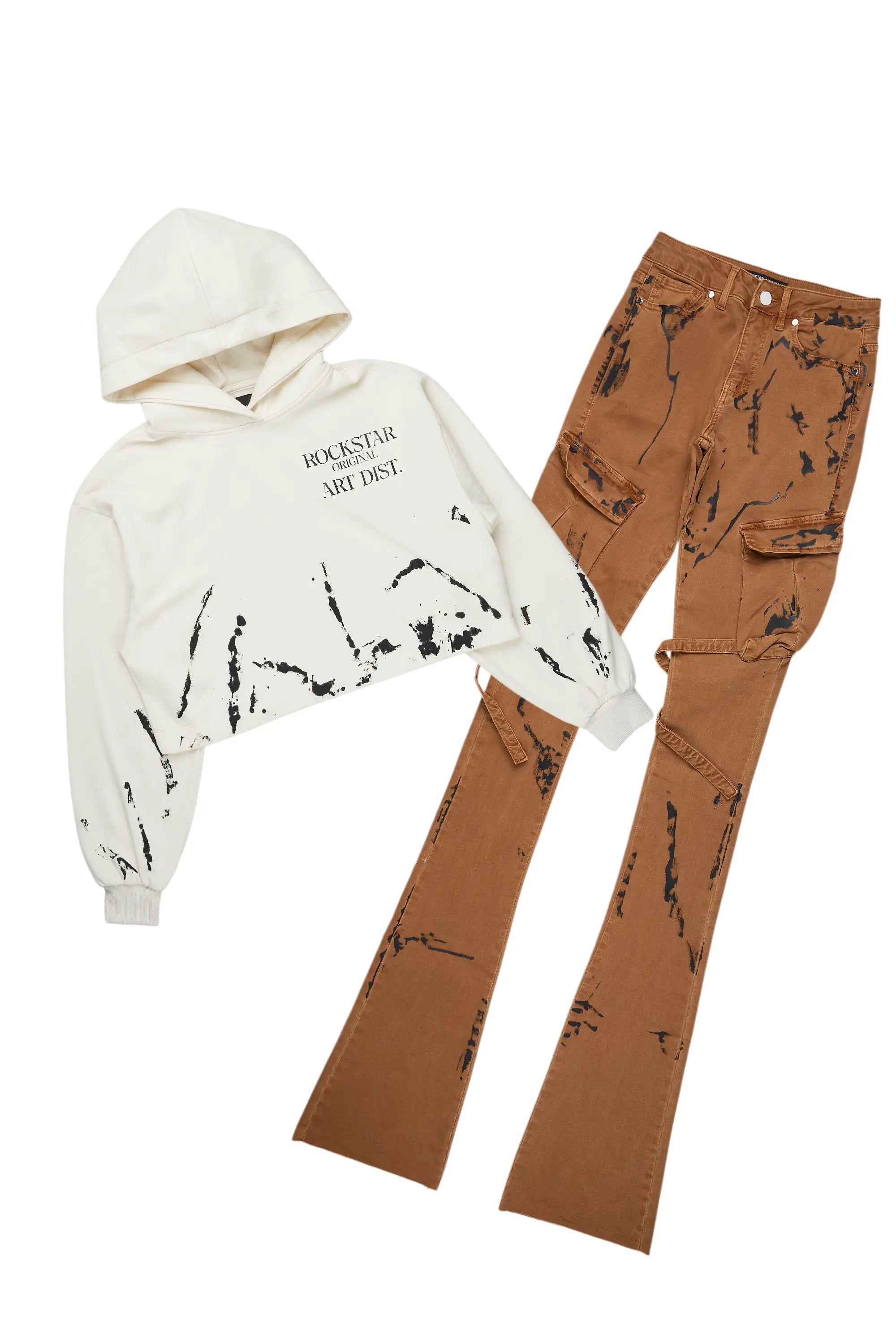 Marteona Beige/Camel Hoodie/Super Stacked Jean Set Hoodie with Mock Neck Collared Structured