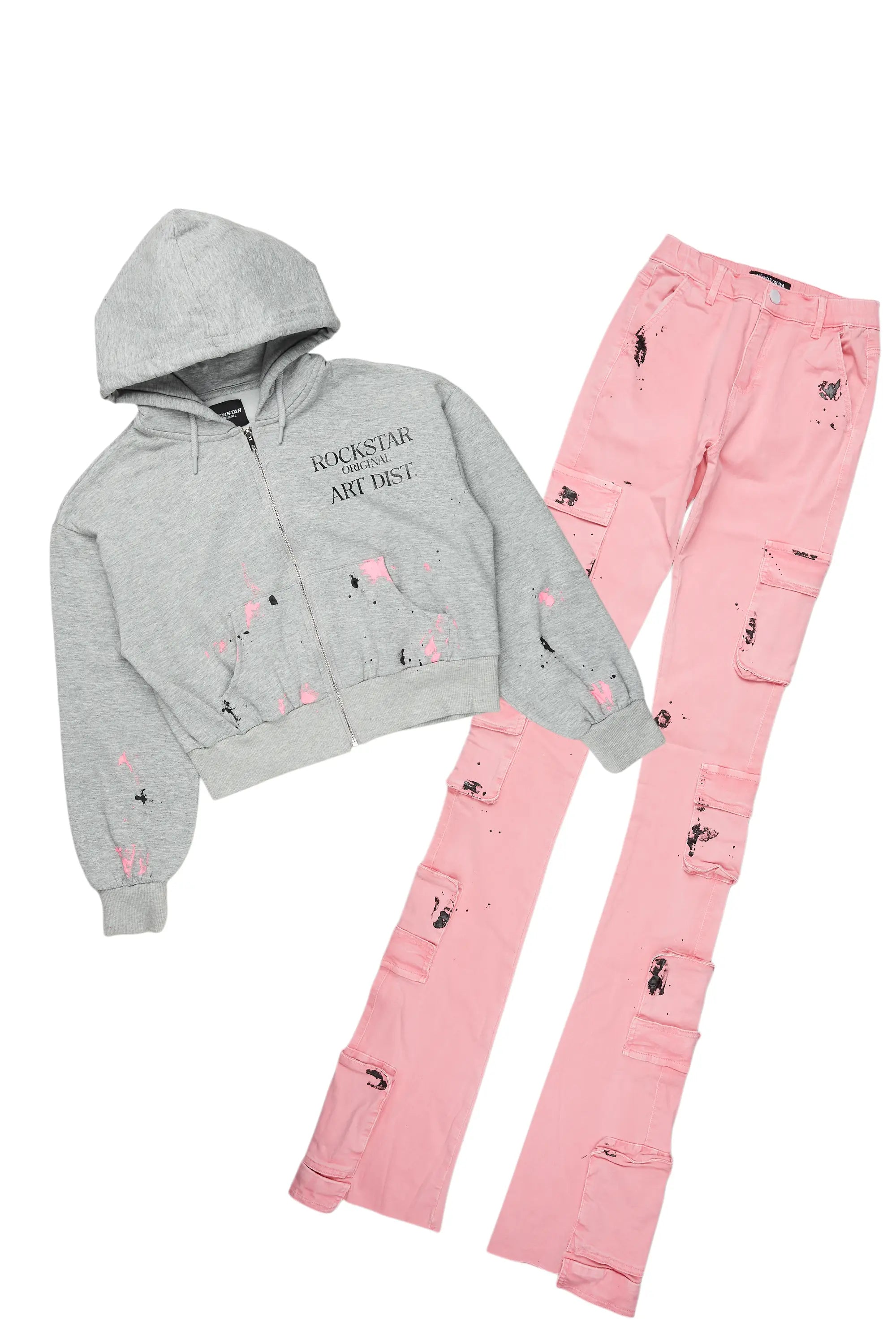 Kelony Grey/Pink Hoodie/Super Stacked Jean Set Hoodie with Set-In Sleeves Structured Classic