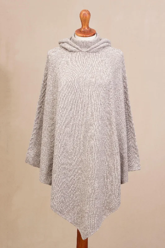 Adventurous Style in Taupe Knit Alpaca Blend Hooded Poncho in Taupe from Peru Hoodie with Button Placket Classic Preppy