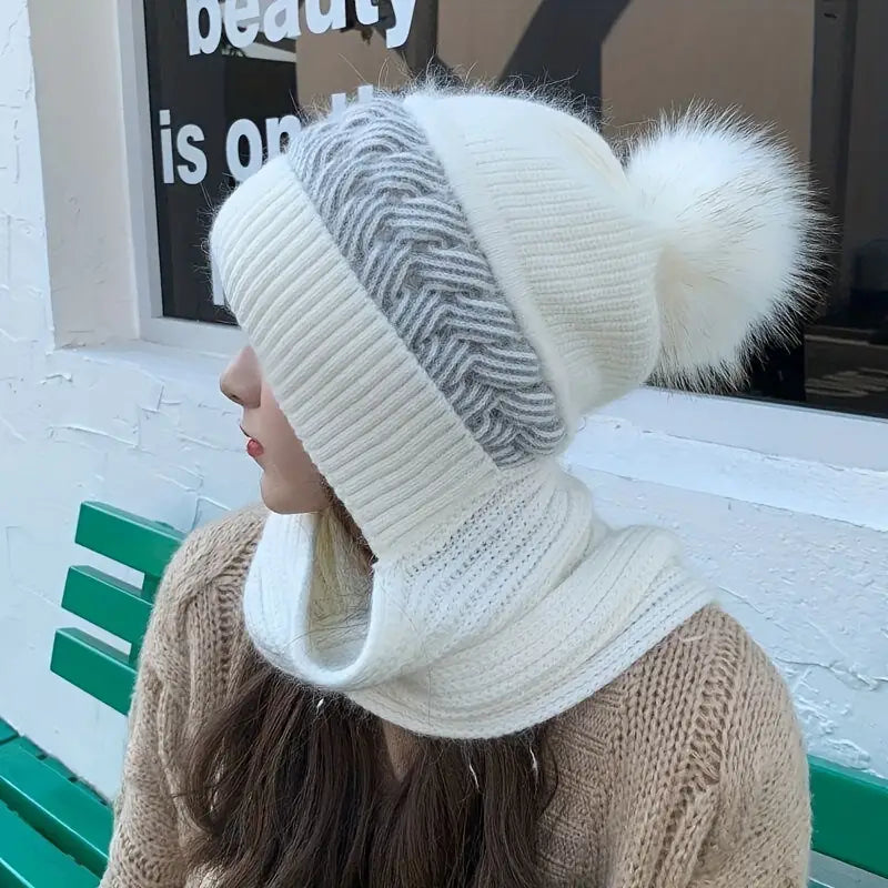 Coldproof Warm Beanie With Pom Classic Hooded Scarf Elastic Knit Hats Warm Beanies Hoodie with Tied Waist Feminine Flattering