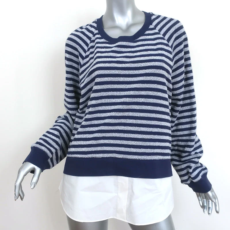 Derek Lam Denim Layered-Effect Sweatshirt Navy Striped Terry Size Large Hoodie with Slit Hem Functional Movement