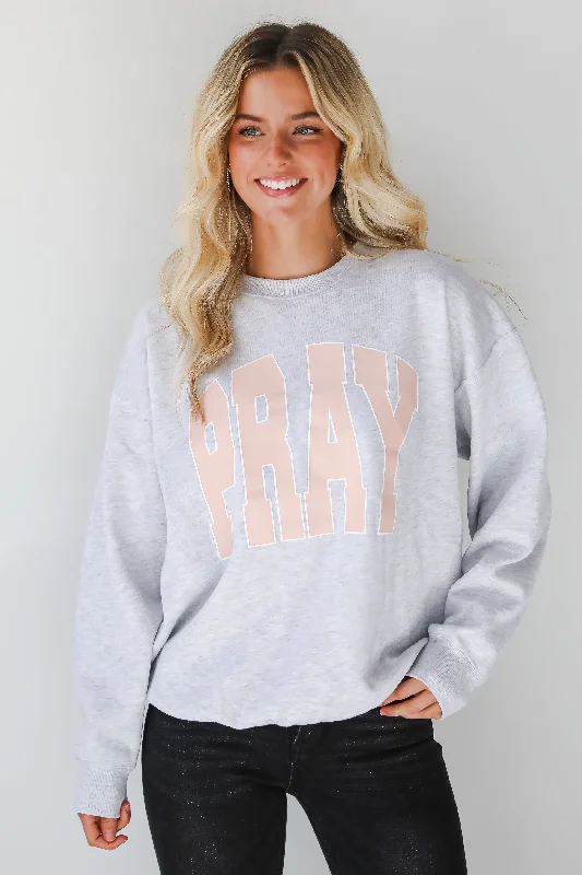 Heather Grey Pray Sweatshirt Hoodie with Hem Elastic Stretchable Comfortable