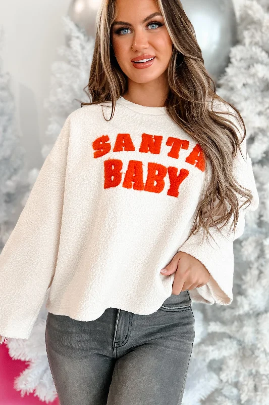 Just You For Christmas "Santa Baby" Sherpa Sweatshirt (Ivory/Orange) Hoodie with Thumb Holes Functional Cozy