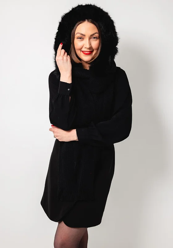 The Serafina Collection Faux Fur Knitted Hooded Scarf, Black Hoodie with Full-Zip Functional Layering