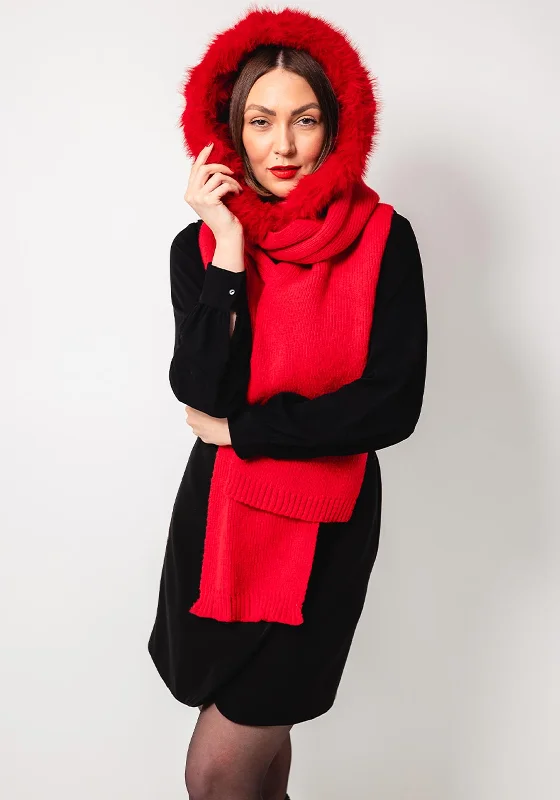 The Serafina Collection Faux Fur Knitted Hooded Scarf, Red Hoodie with Ribbed Neckline Snug Warm