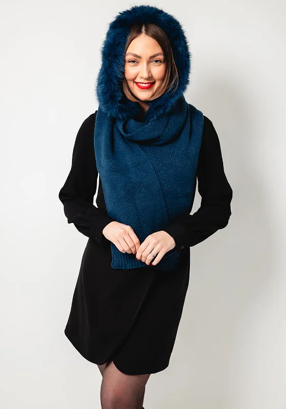 The Serafina Collection Faux Fur Knitted Hooded Scarf, Teal Hoodie with Exposed Zipper Edgy Industrial