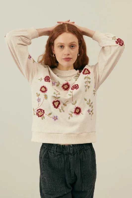 Sweatshirt Petra Flower-Embroidery Hoodie with Hem Embroidery Detailed Premium