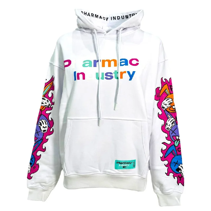 Pharmacy Industry Chic Cotton Hoodie with Graphic Sleeve Prints Hoodie with Raw Hem Edgy Unfinished