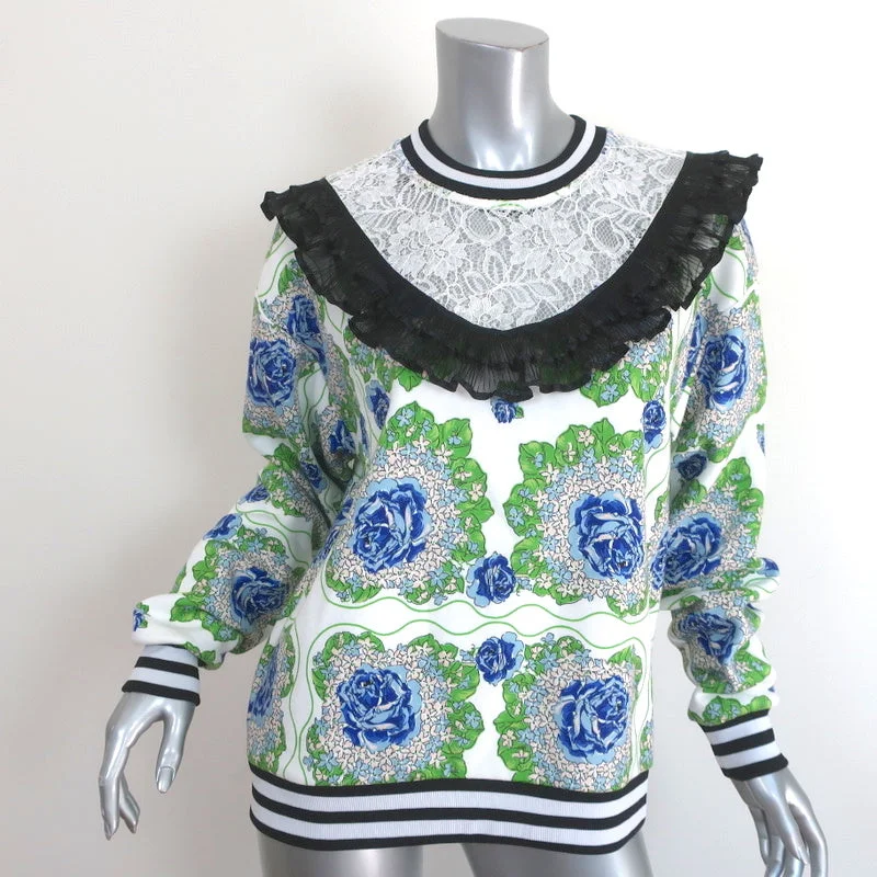 Rodarte Ruffled Lace Yoke Sweatshirt White/Blue Floral Print Size Extra Small Hooded Sweatshirt Casual Wear Street Style