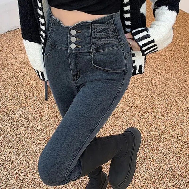 Vintage High Waist Three Buttons Skinny Pencil Jeans Korean All-match Slim Denim Casual Loose Fit Jeans